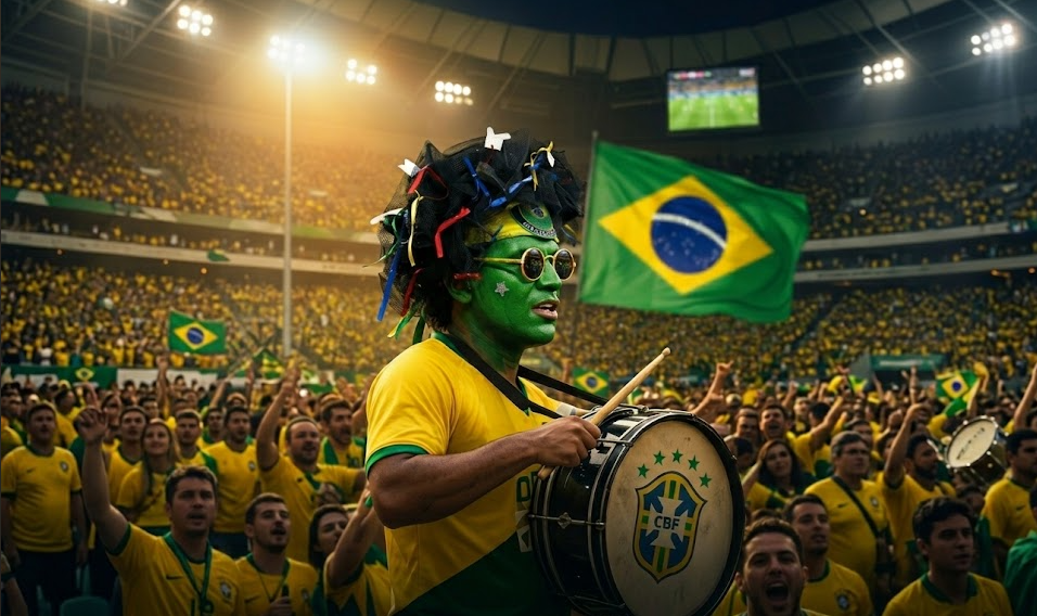 Wallace das Copas na arquibancada com bandeira do Brasil